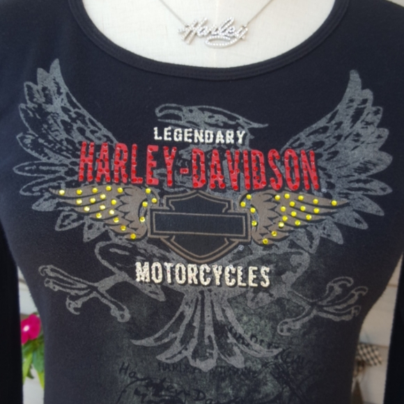 HARLEY-DAVIDSON ♡ Black Long Sleeve Red 'n Gold Embellished Legendary H-D Top S - Picture 3 of 17